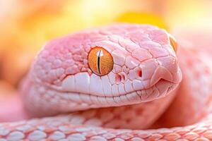 A close up of a pink snake with orange eyes photo