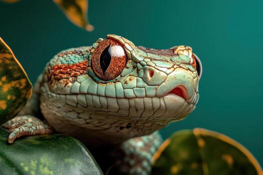 A close up of a lizard with bright red eyes photo