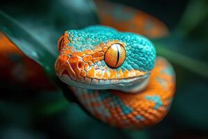 A close up of a snake with orange and blue stripes photo