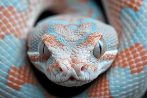 A close up of a snake's head with blue and orange stripes photo