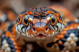 A close up of a snake's face with its eyes open photo
