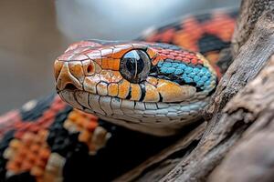 A close up of a colorful snake with its head on a tree photo