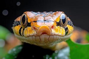 A close up of a snake's head with water droplets on it photo