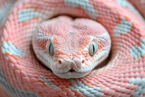 A close up of a pink snake with white and pink stripes photo