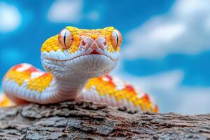 A close up of a snake with bright orange and white stripes photo
