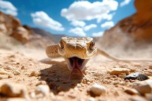 A snake with its mouth open on the desert photo