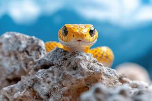 A yellow snake on top of a rock photo