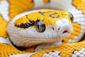 A close up of a snake with a yellow and white pattern photo