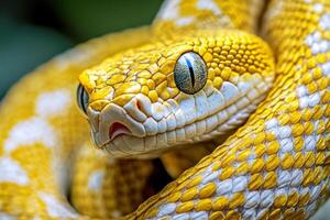 A close up of a yellow snake with white and black stripes photo