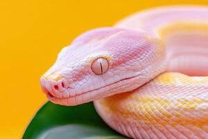A pink and yellow snake on a green leaf photo