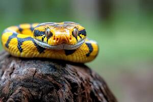 A yellow and black snake is sitting on a tree stump photo