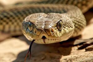 A snake with its mouth open and its eyes looking at the camera photo