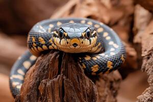 A close up of a snake with black and yellow markings photo