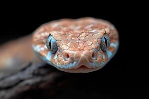 A close up of a snake's head with a black background photo