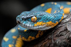 A close up of a snake with bright blue and yellow stripes photo