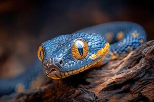 A close up of a blue and yellow snake photo