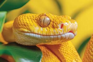 A yellow snake with its head on a leaf photo
