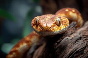 A close up of a snake with its head on a tree branch photo