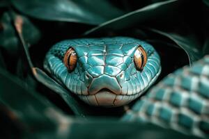 A close up of a blue snake with its eyes open photo