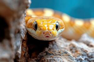 A close up of a yellow snake with its head sticking out of a rock photo
