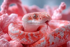 A snake is sitting on top of pink flowers photo