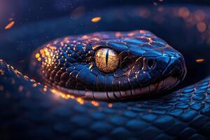 A snake with glowing eyes and a dark background photo