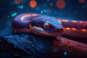 A snake with glowing eyes and red eyes photo