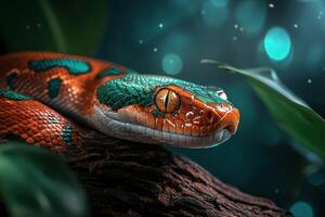 A snake with bright green and orange colors photo