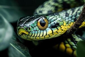 A close up of a snake with bright green eyes photo
