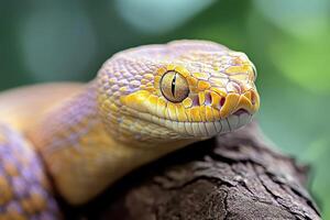 A snake with yellow and purple stripes photo