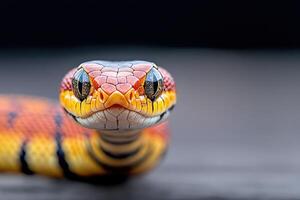 A close up of a colorful snake with its head turned to the side photo