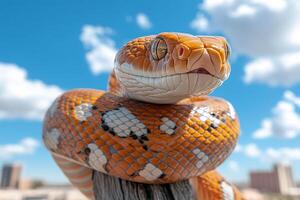A close up of a snake with a blue sky in the background photo