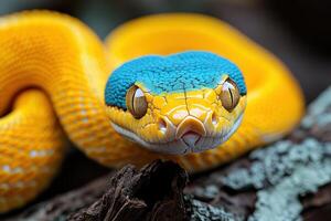 A close up of a snake with a blue and yellow head photo