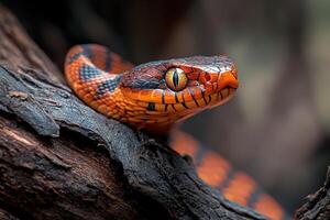 A close up of a snake with orange and black stripes photo