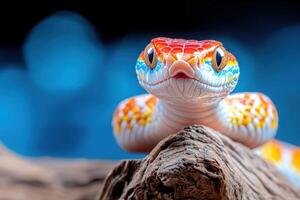 A colorful snake with a blue background photo
