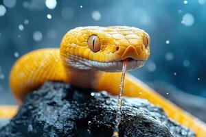A yellow snake with its mouth open in the rain photo