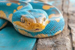 A blue and yellow snake with a yellow head photo
