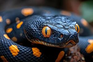 A close up of a black and orange snake photo
