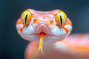 A close up of a snake's face with orange eyes photo