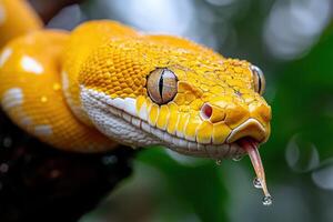 A yellow snake with a droplet of water on its head photo