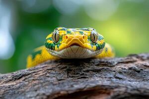 A close up of a green and yellow snake photo
