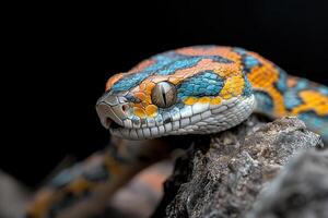 A close up of a colorful snake with black background photo