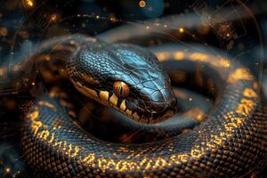 A snake with glowing eyes and a black background photo