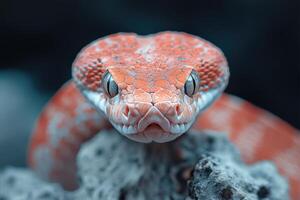 A close up of a red snake with its head on a rock photo