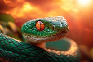 A close up of a green snake with orange eyes photo