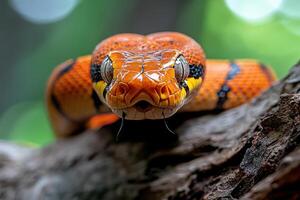 A close up of a snake with a yellow and black head photo