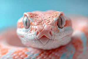 A close up of a snake's head with a blue background photo