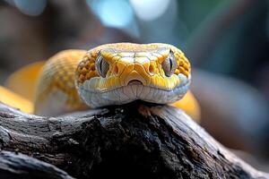 A yellow snake with a white head and neck photo