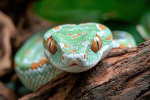 A green snake with orange eyes photo