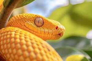 A close up of a yellow snake with its head on a branch photo